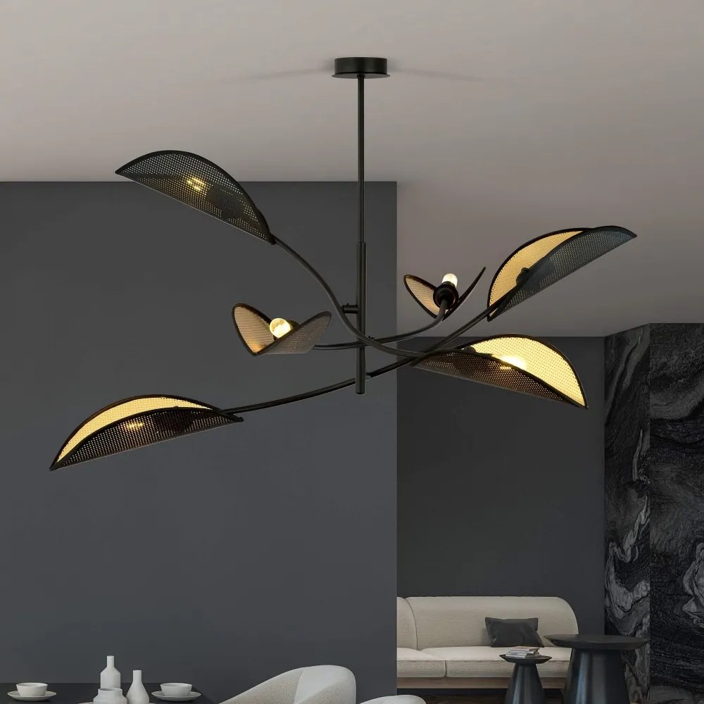 Lampadario a Sospensione in Acciaio e Tessuto LOTUS 6 Nero 6xE14 Colore del corpo Nero e Oro