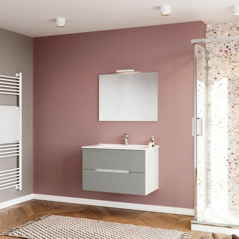 Mobile bagno sospeso 80 rovere bianco e tortora con lavabo e specchio Iris
