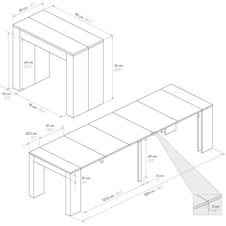 Consolle GAIOLE in legno e acciaio ossidato 90&#215;45 cm allungabile a 90&#215;295 cm