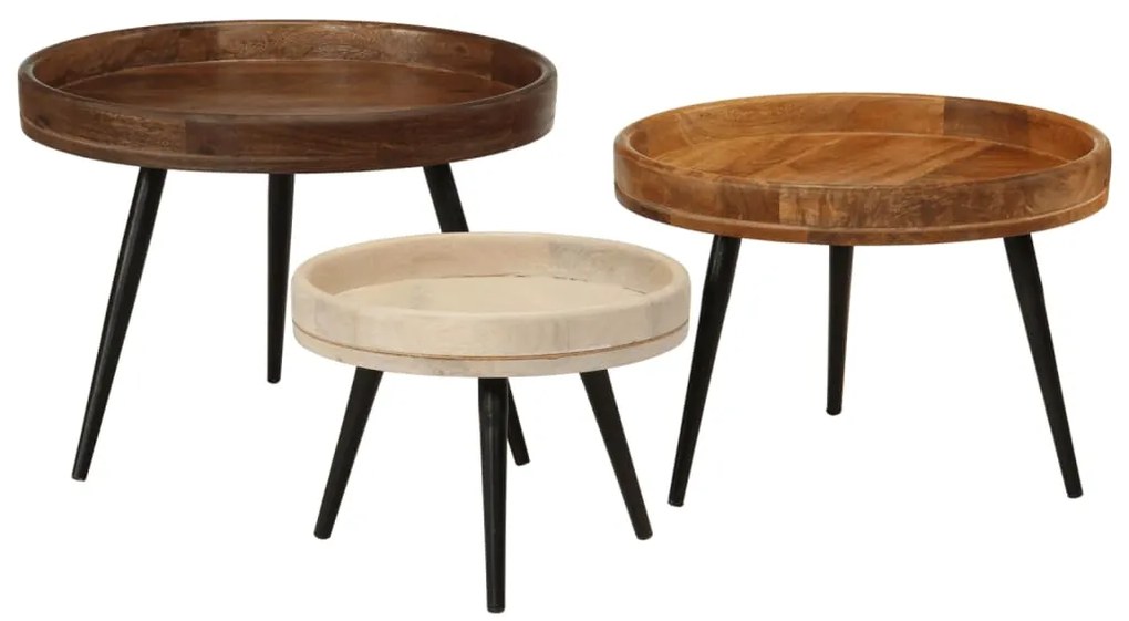 Tavolini Rotondi 3 Pz İn Legno Massello Di Mango /