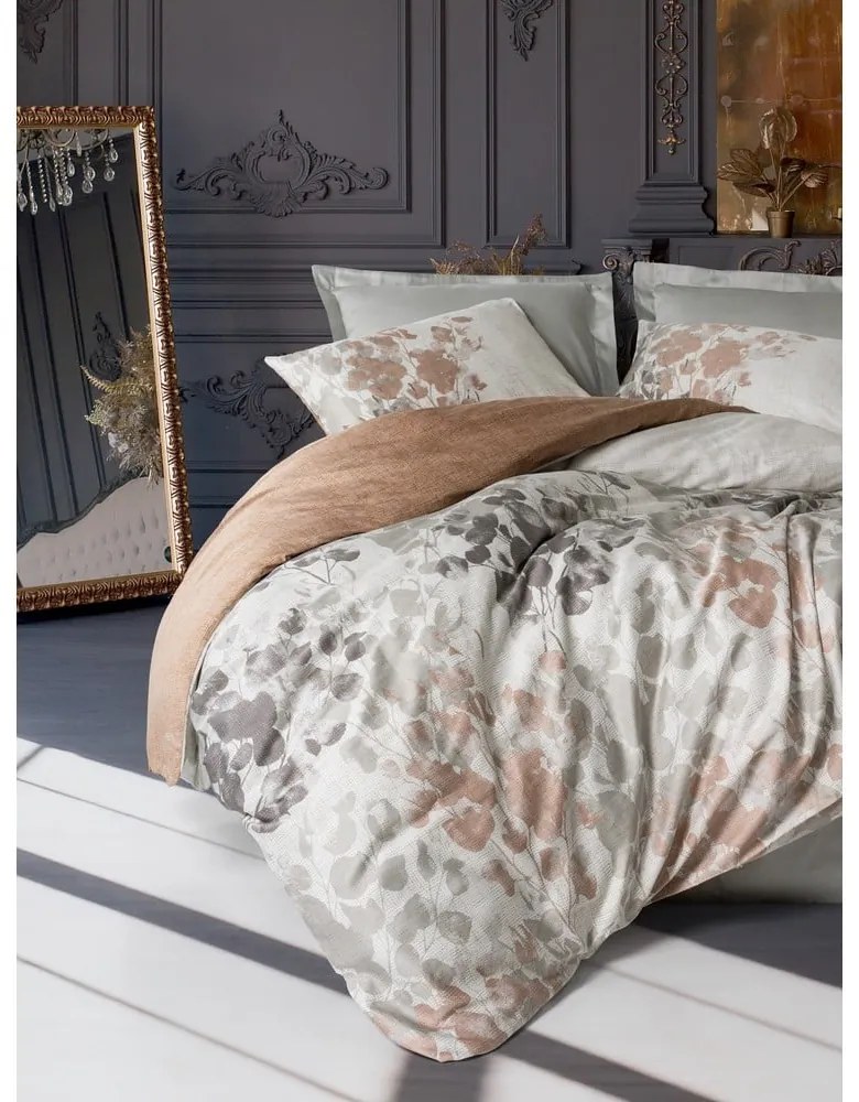 Set copripiumino e federa greige in raso di cotone per letto matrimoniale 200x200 cm Blatt – Mijolnir