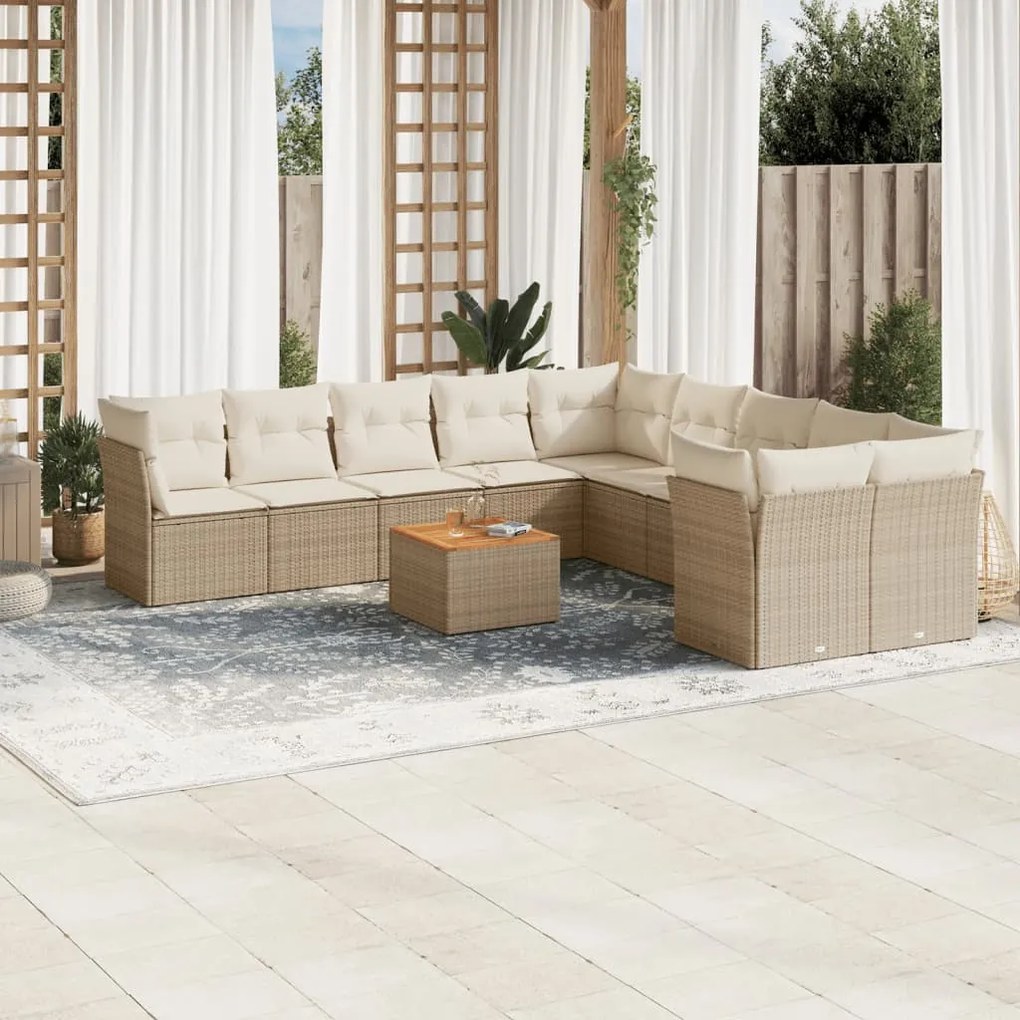 Set divani da giardino 11 pz con cuscini beige in polyrattan