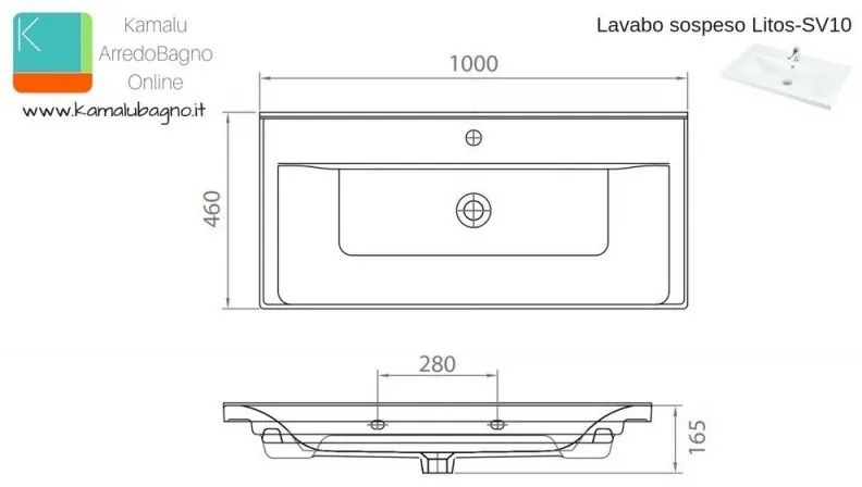 Kamalu - Mobile bagno 100 cm sospeso con 2 ante e lavabo incasso SV-100A