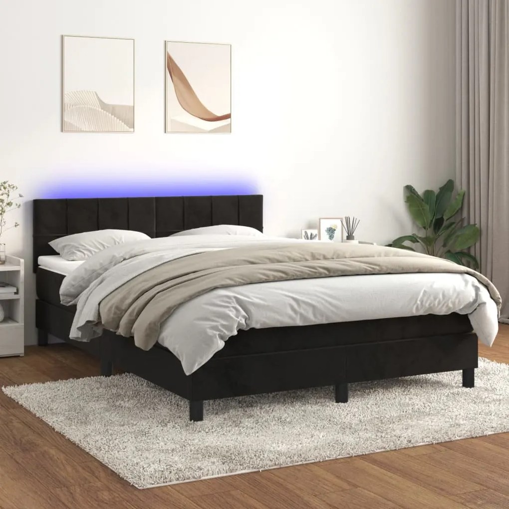Letto A Molle Con Materasso E Led Nero 140x200 Cm İn Velluto /