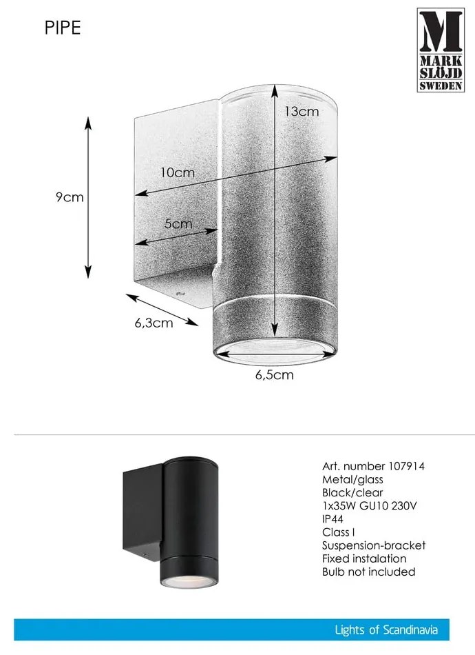 Lampada da parete per esterni (altezza 13 cm) Pipe - Markslöjd