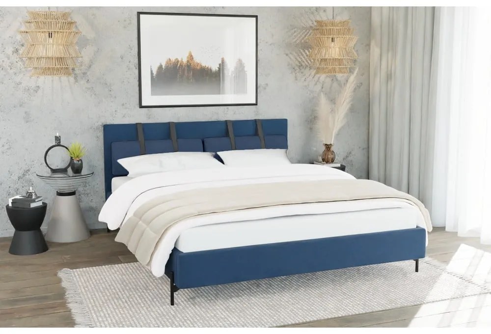 Letto matrimoniale imbottito blu scuro con griglia 160x200 cm Tulsa - Ropez