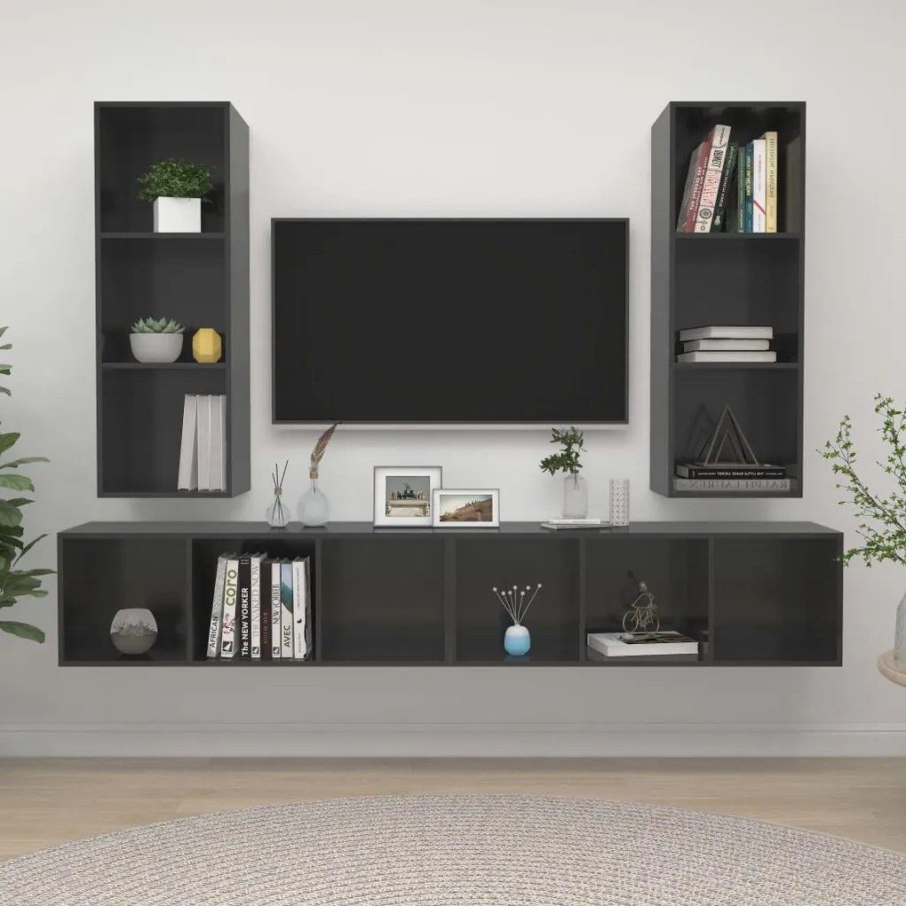 Mobile Tv A Parete 4 Pz Grigio Lucido İn Truciolato /