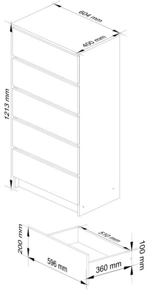 Cassettiera Moderna 60x40x120 Cm 5 Cassetti Bianco E Rovere Sonoma Artika