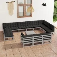 Set Divani da Giardino 14pz con Cuscini Grigio Massello di Pino 3077291