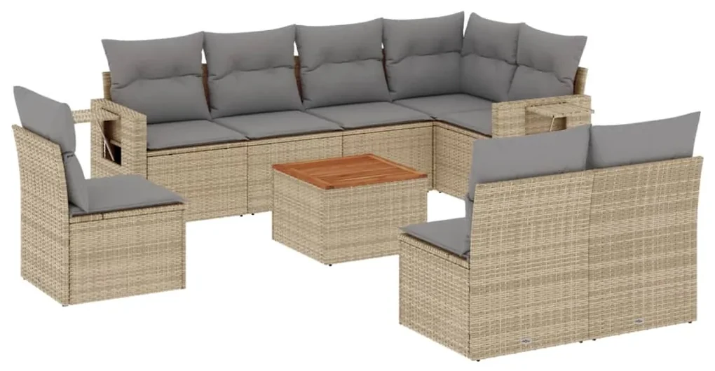 Set divano da giardino 9 pz con cuscini beige misto polyrattan