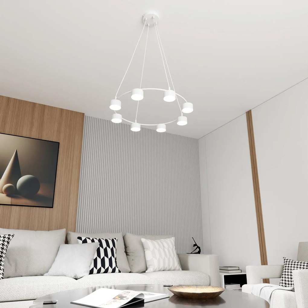 Lampadario Moderno 8 Luci Starlit In Acciaio Bianco Ad Anello E Cilindri