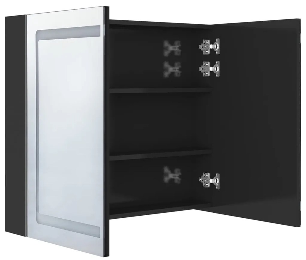 Armadietto bagno con specchio e led nero lucido 80x12x68 cm