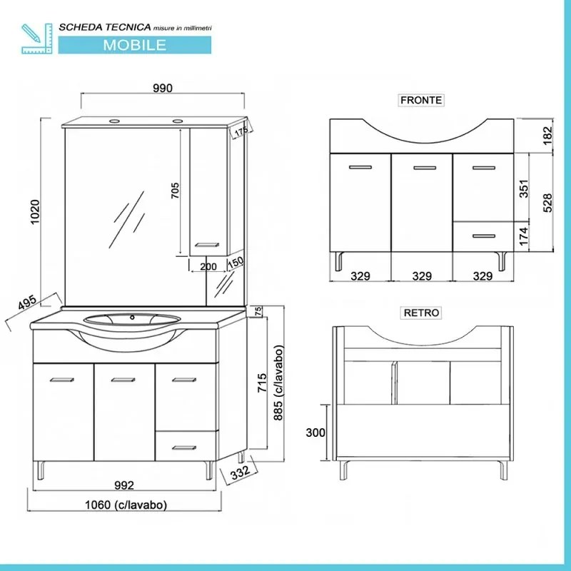 Mobile da Terra 105 cm in rovere bianco completo di specchio con pensile e LED
