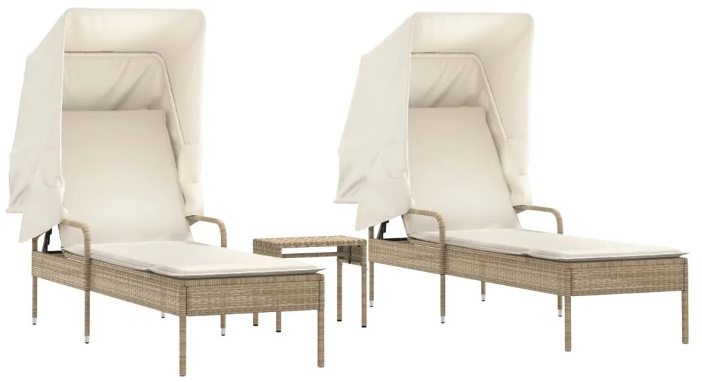 Lettini prendisole 2 pz con baldacchino e tavolino polyrattan