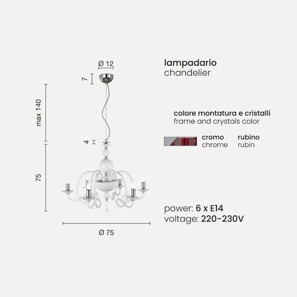Lampadario a sospensione D75 cm VIVALDI a 6 luci in vetro lavorato a mano RUBINO