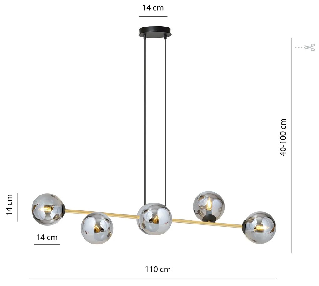 Sospensione Contemporanea Gravity 6 Luci In Acciaio Oro E Sfere In Vetro Fumè