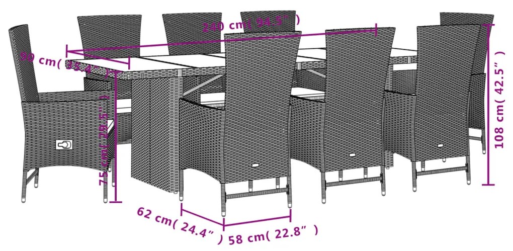 Set da pranzo da giardino 9 pz con cuscini beige in polyrattan