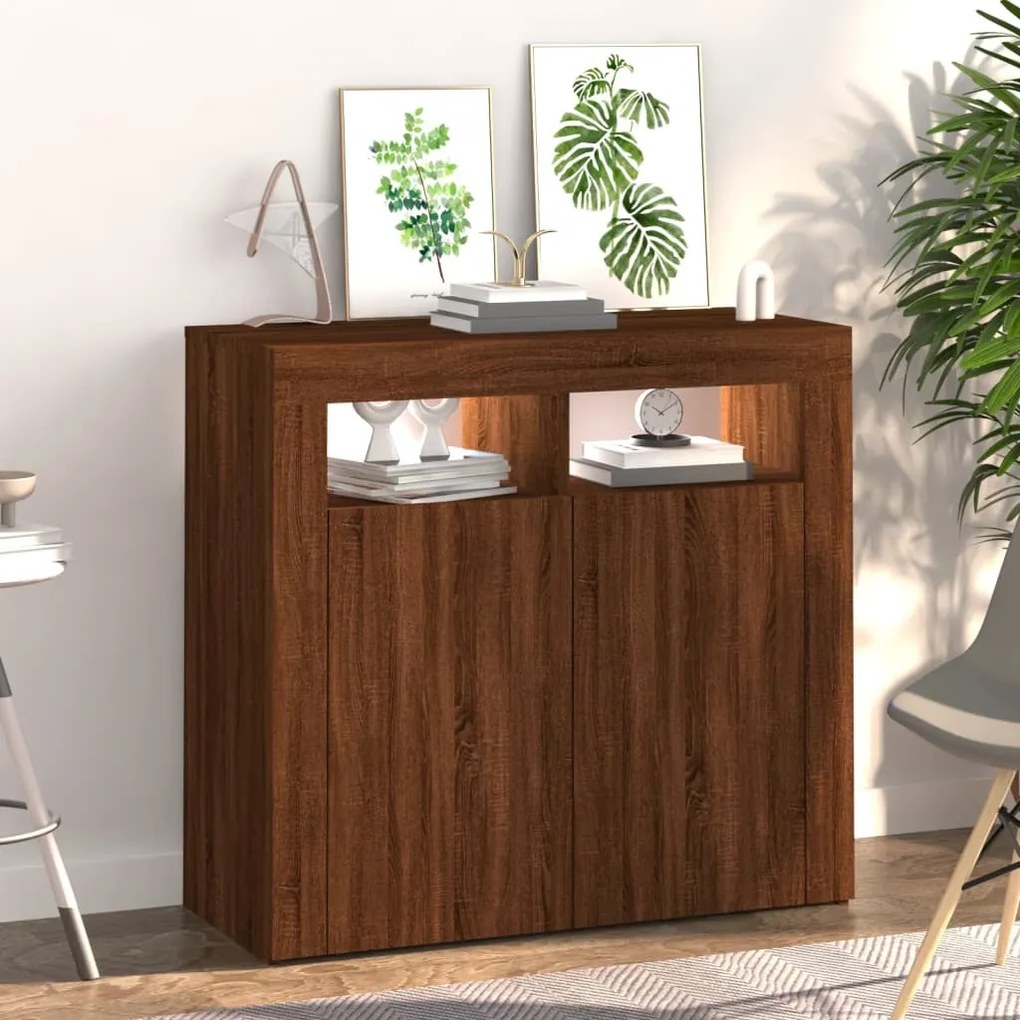 Credenza con luci led rovere marrone 80x35x75 cm