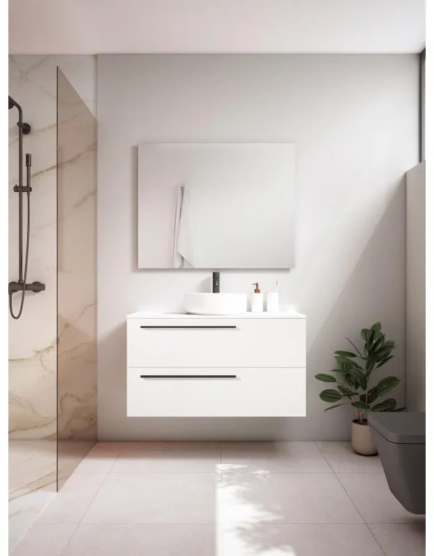 Mobile da bagno sotto lavabo VISOBATH Mia bianco laccato opaco L 100 x H 55 x P 39.5 cm 2 cassetti, lavabo posizionabile centralmente non incluso