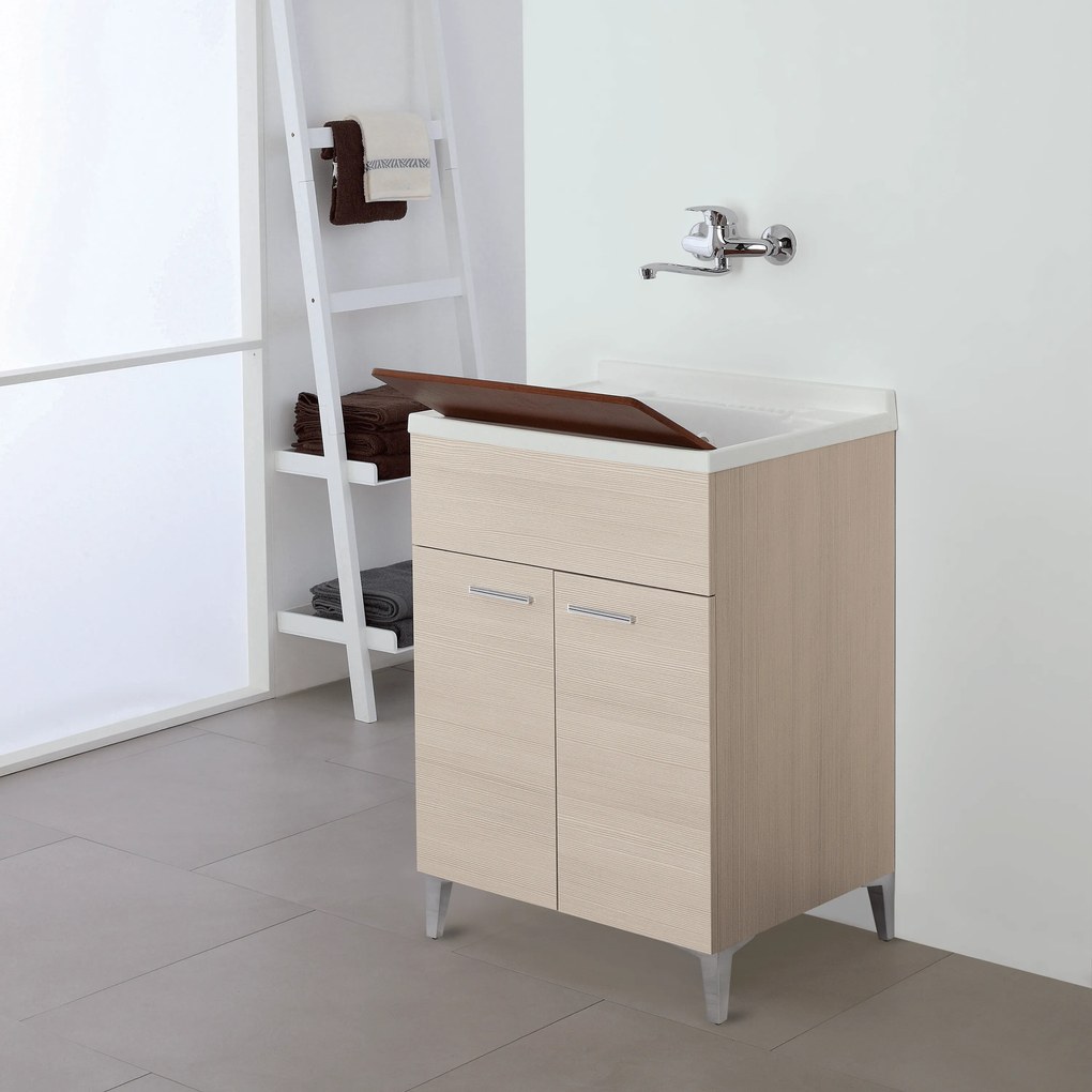 Lavatoio a Terra 60x50 Due Ante Con Vasca Sifone e Tavoletta In Legno Feridras "Stella" Larice