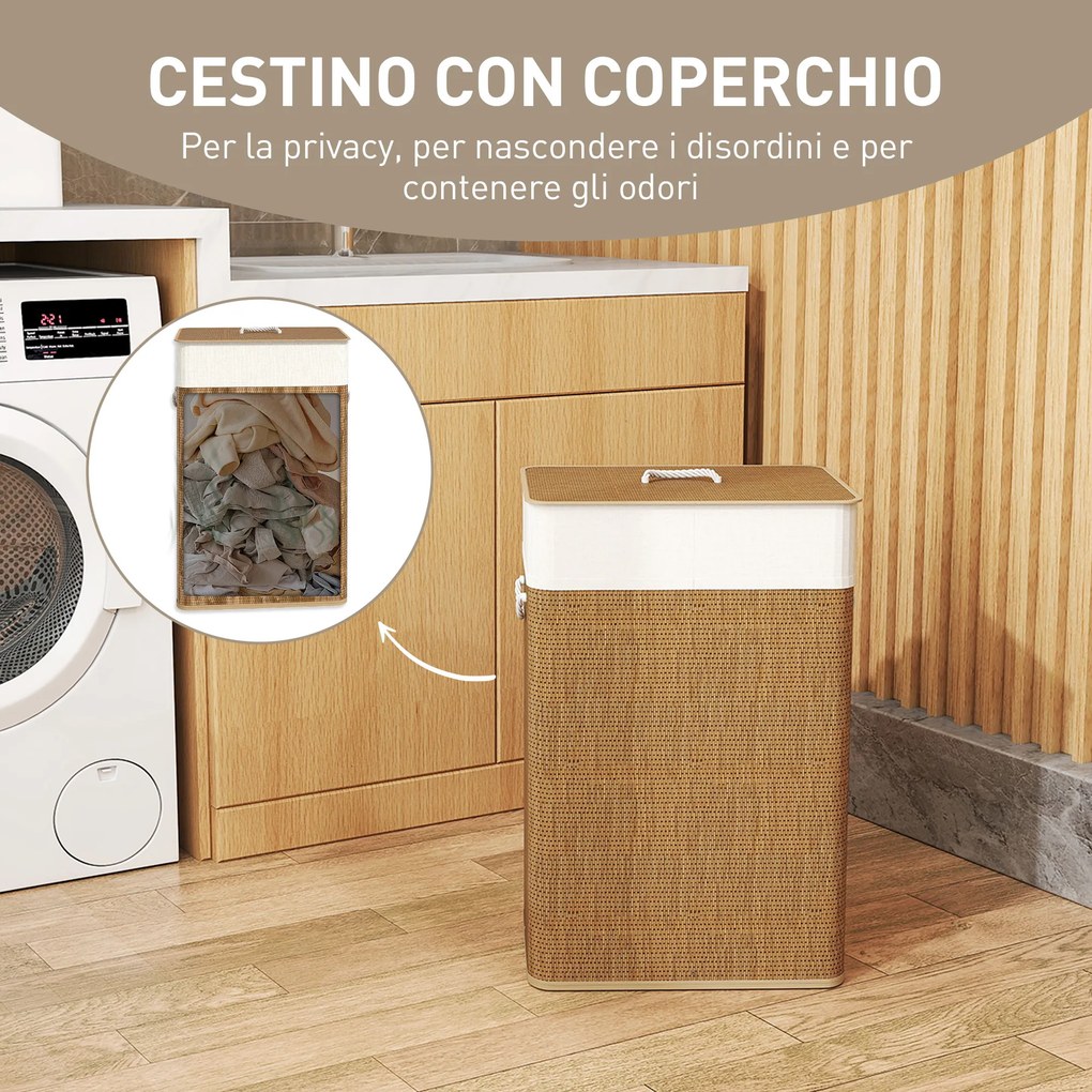 Cesto Portabiancheria 72L con Sacco Rimovibile 40x30x60 cm in Vimini e Bambù Marrone...