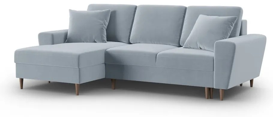 Divano angolare azzurro allungabile e con contenitore (con penisola a sinistra/con chaise lounge) con rivestimento in velluto Kyoto – Cosmopolitan Design