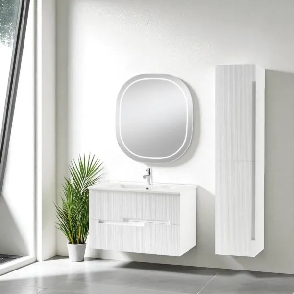 Mobile bagno RIGHE 70 cm 2 cassetti Larice Bianco e specchio LED Frontale