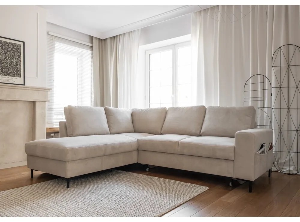 Divano letto in velluto a coste beige (angolo sinistro) Lofty Lilly - Miuform