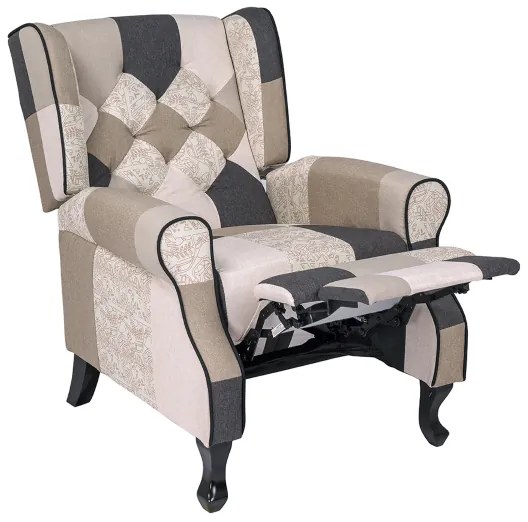 Poltrona relax tessuto patchwork BERGERE Reclinabile poggiapiedi Tortora