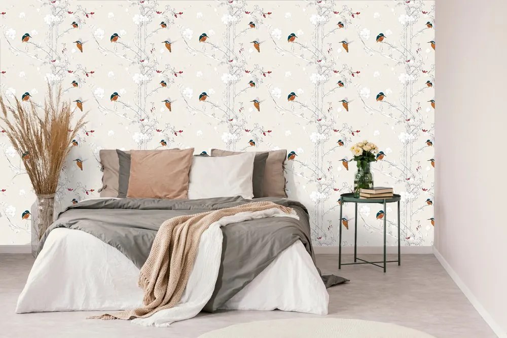 Carta da parati – Uccellini nella foresta fitta con sfondo beige