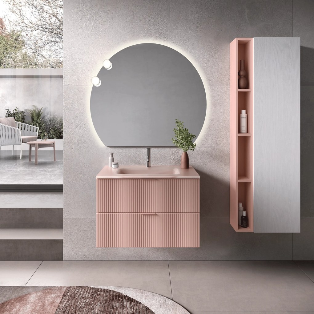 Mobile Bagno Sospeso Cannettato 80 Cm Due Cassetti Specchio Retroilluminato Con Lampada Led 110x92 Cm Savini "Line"