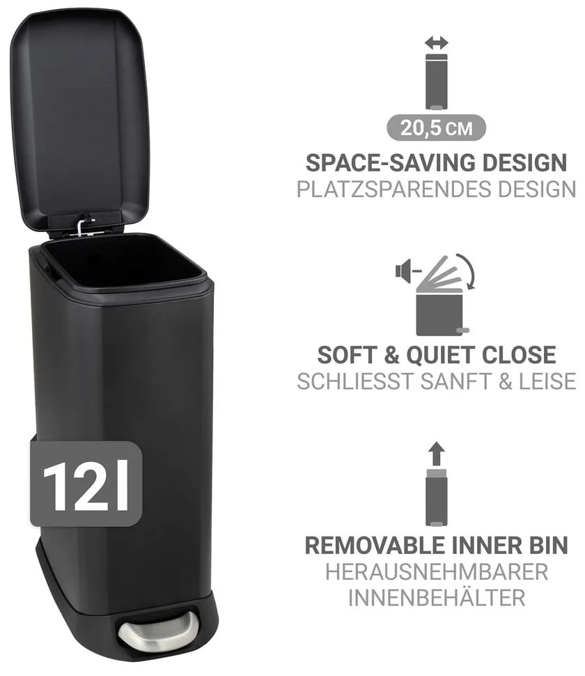 Cestino per la spazzatura nero opaco in acciaio con pedale 12 l Design – Wenko