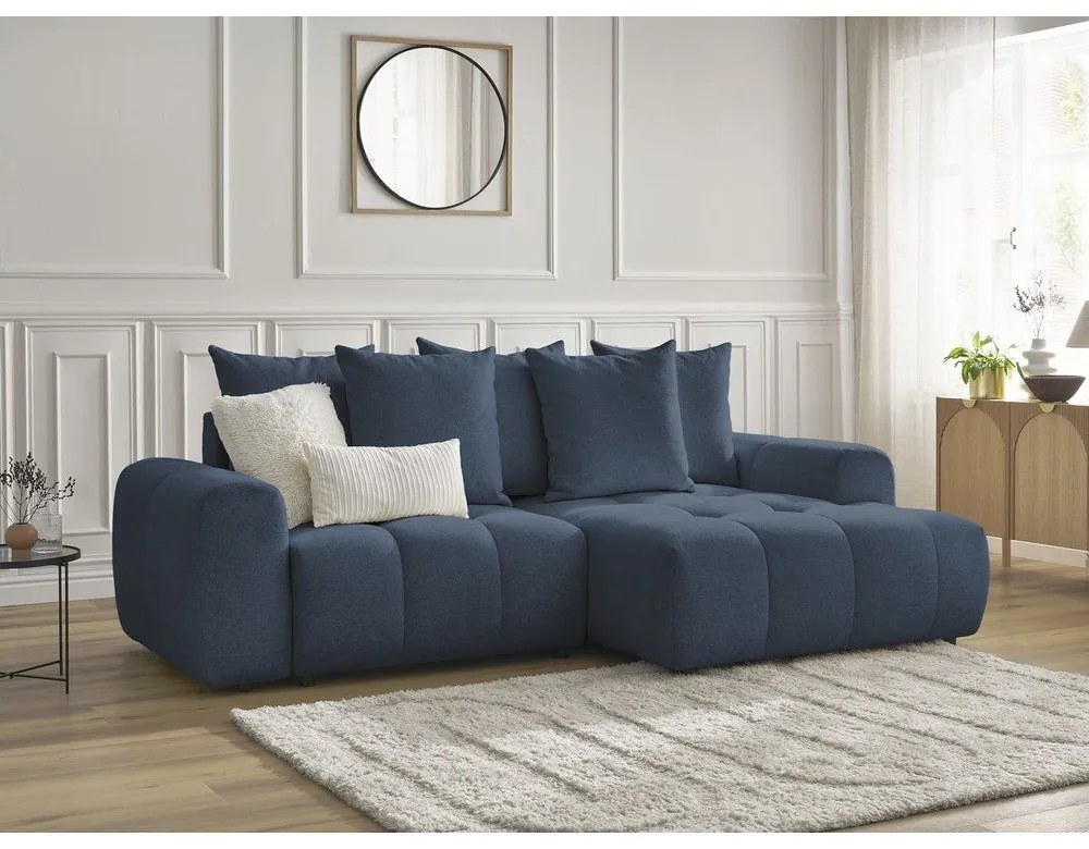 Divano angolare blu allungabile/con contenitore (con penisola a destra/con chaise lounge) con rivestimento in ciniglia Roxelane – Bobochic Paris