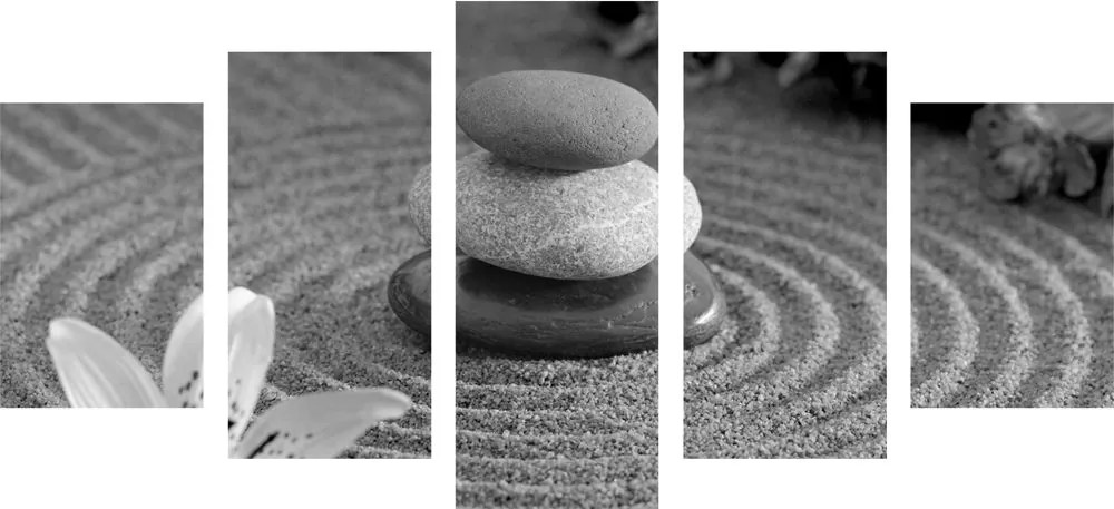 Quadri 5 pezzi – Giardino Zen e pietre nella sabbia in bianco e nero