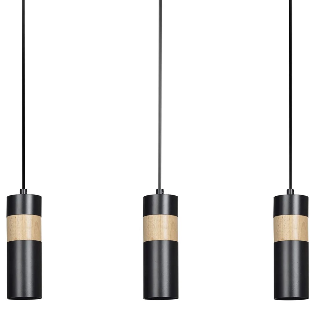 Lampadario 3 Luci Change In Acciaio Nero A Cilindro Con Legno Naturale