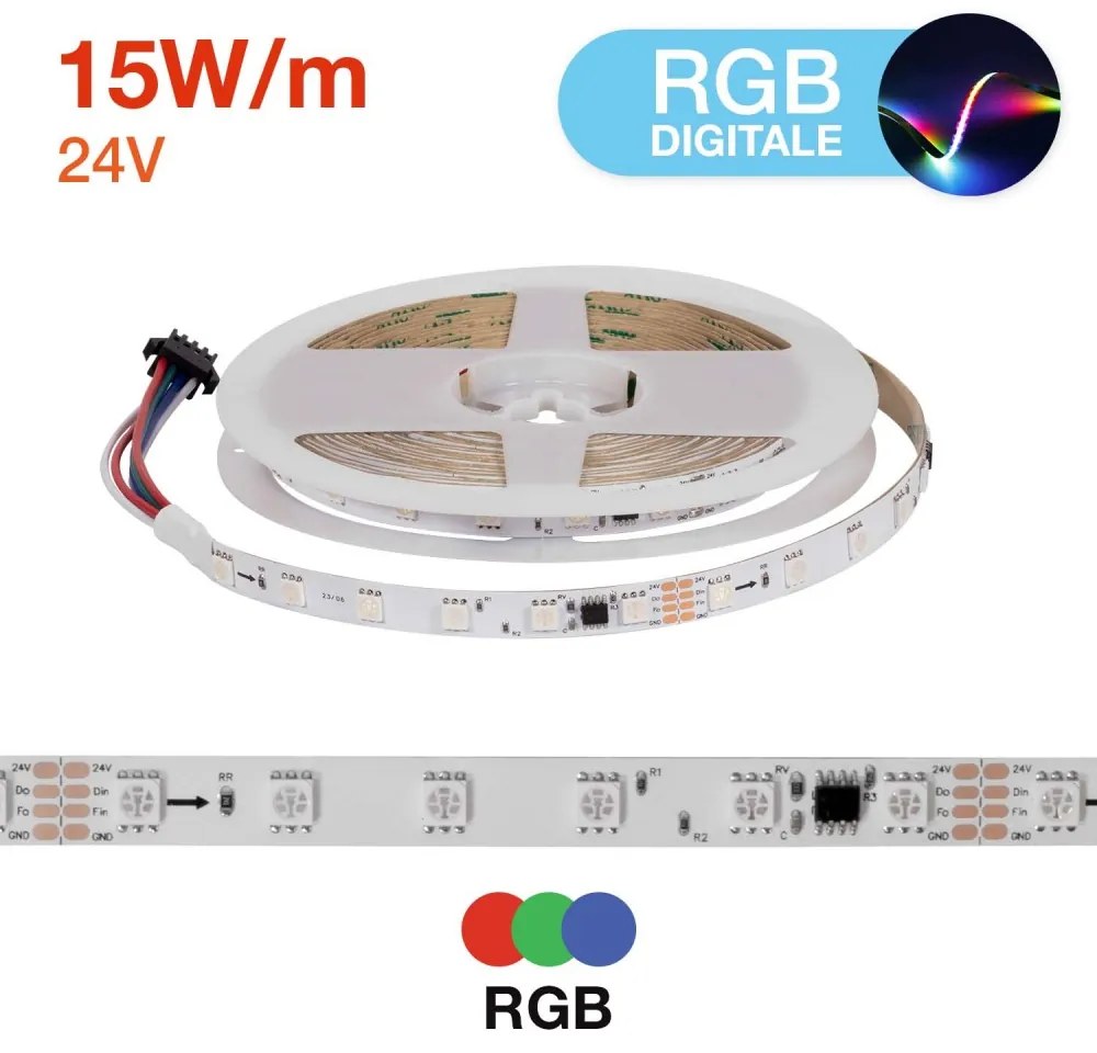 Striscia LED RGB DIGITALE RUNNING 15W/m, 24V, SM16703, IP20 Colore RGB