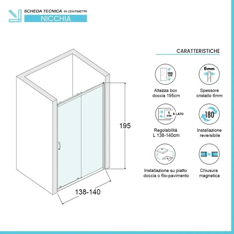 Porta doccia nicchia scorrevole 140 cm Icon con vetro serigrafato