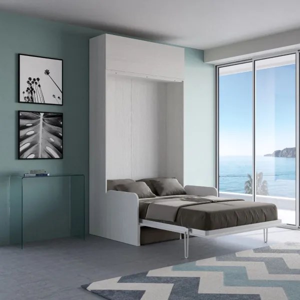 Letto scomparsa verticale francese 140 cm con pensile Bianco KENTARO SOFŔ