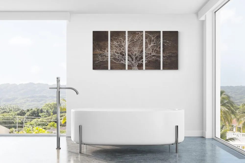 Quadri 5 pezzi – Corona dell'albero su sfondo di legno