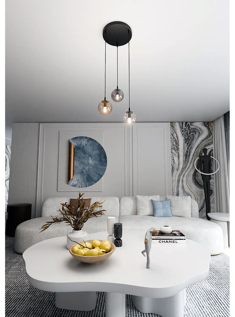 Sospensione 3 Luci Kali In Acciaio Nero Base Tonda E Sfere In Vetro Multicolor