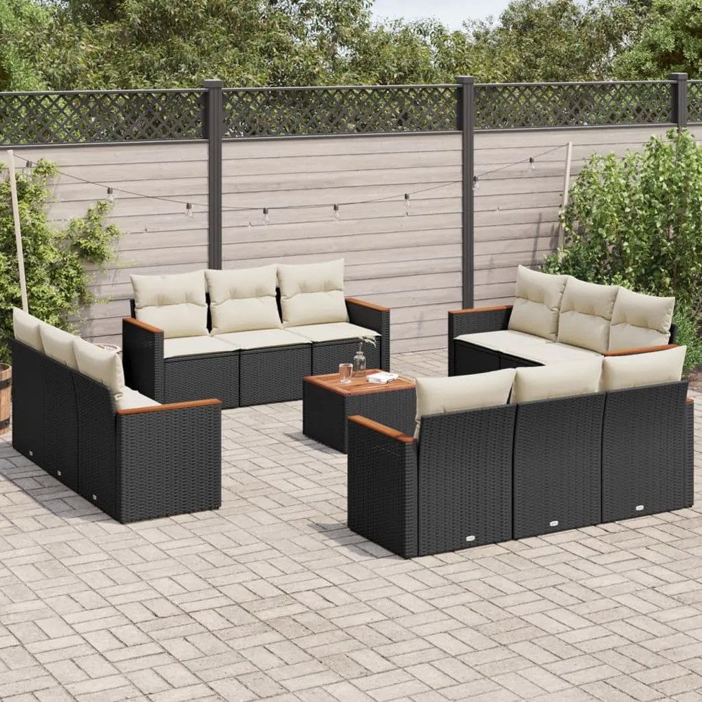 Set divani da giardino 13pz con cuscini nero in polyrattan