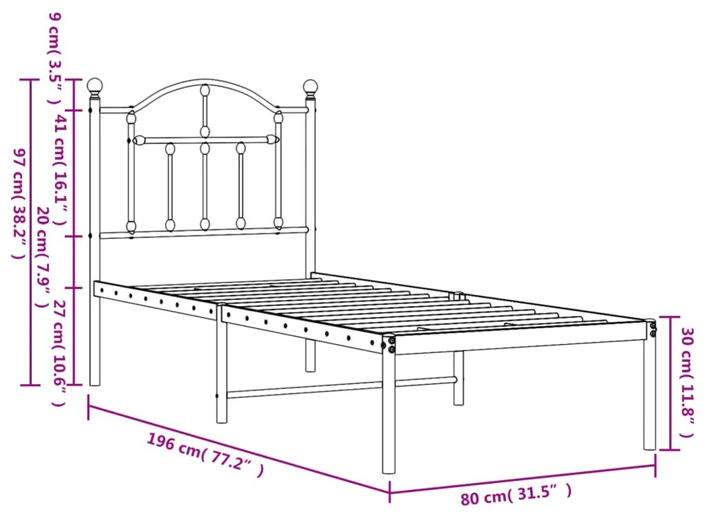 Giroletto con Testiera in Metallo Nero 75x190 cm