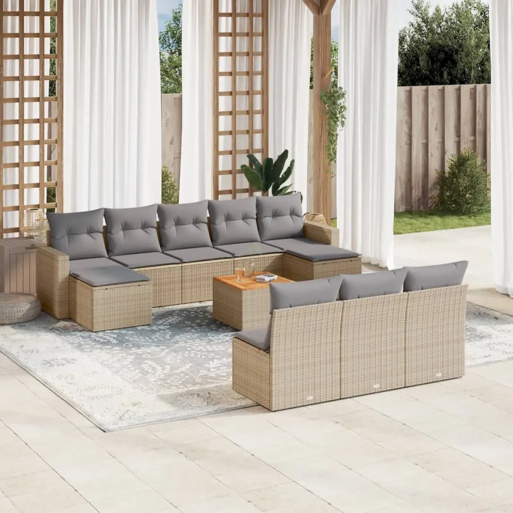 Set Divano da Giardino 11 pz con Cuscini Beige Misto Polyrattan