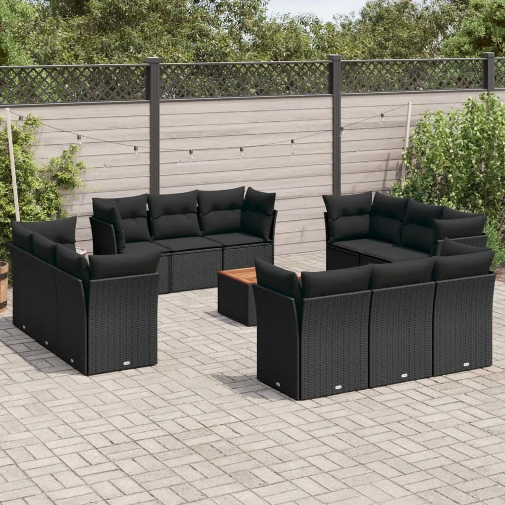 Set divani da giardino 13pz con cuscini nero in polyrattan