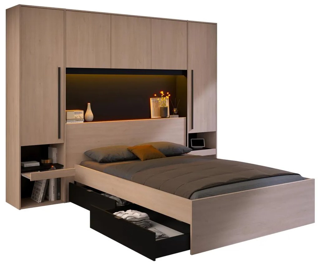 Letto con vani portaoggetti e LED 140 x 190 cm Naturale e Nero - VELONA