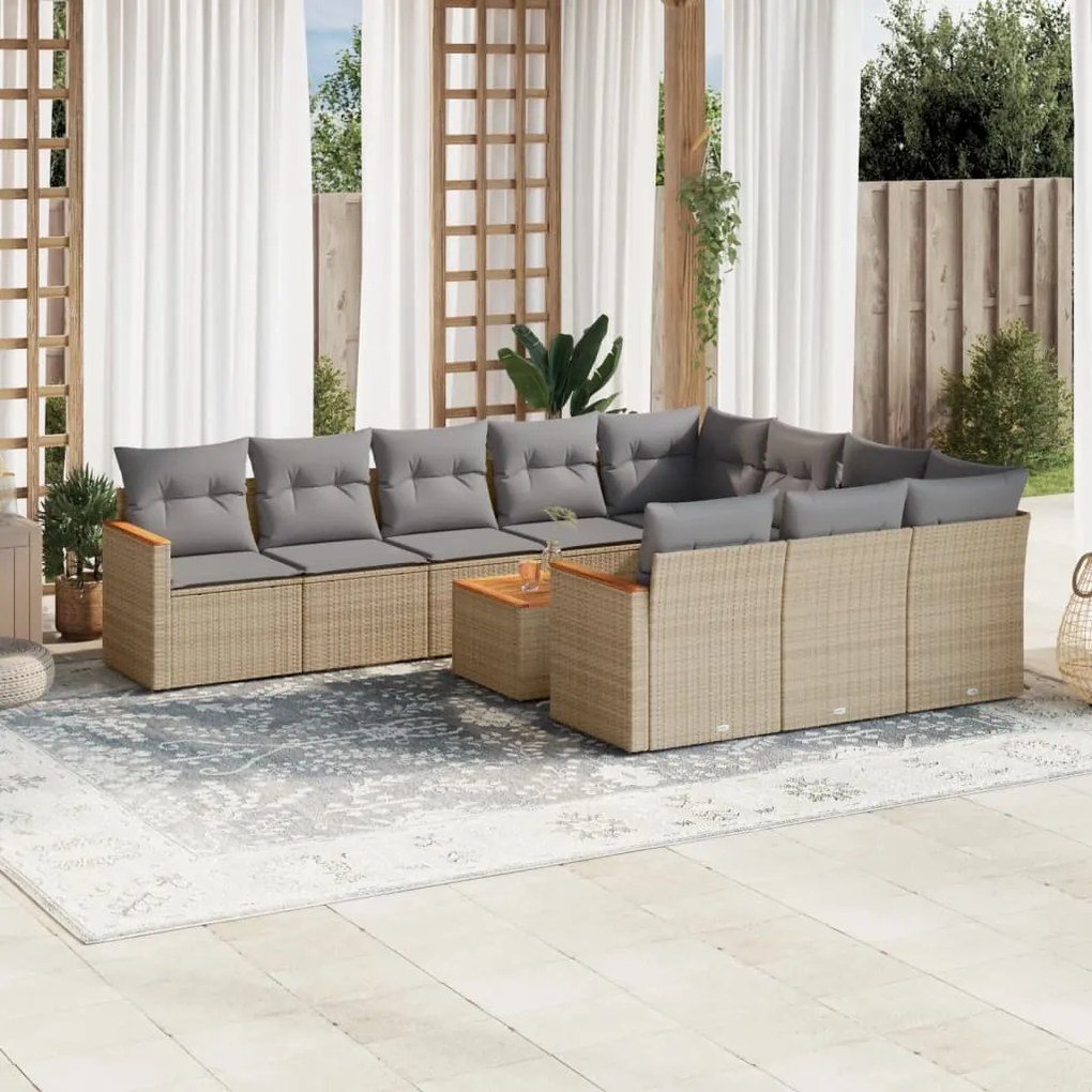 Set divani da giardino 11 pz con cuscini beige in polyrattan