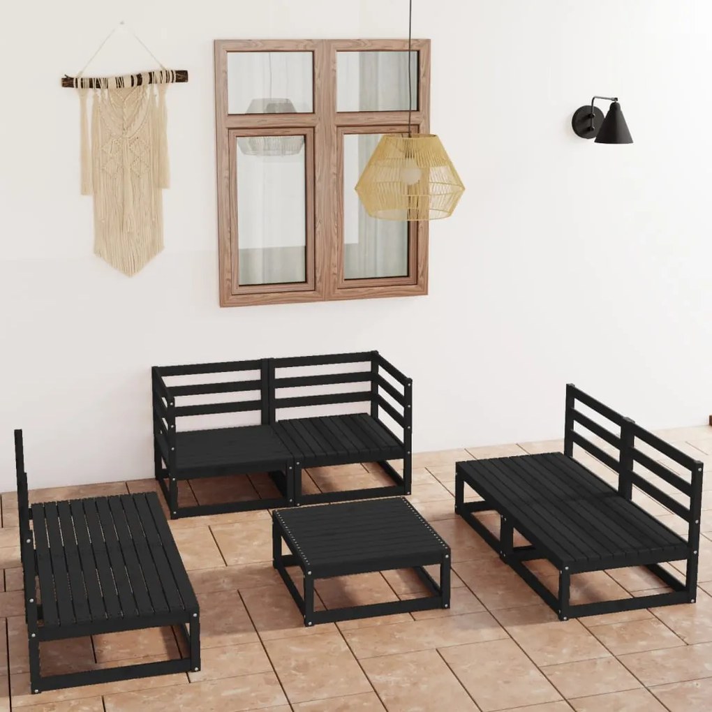 Set divani da giardino 7 pz nero in legno massello di pino