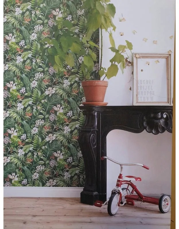 Carta da parati Fiori e foglie tropicali verde, 46.5 cm x 8.37 m