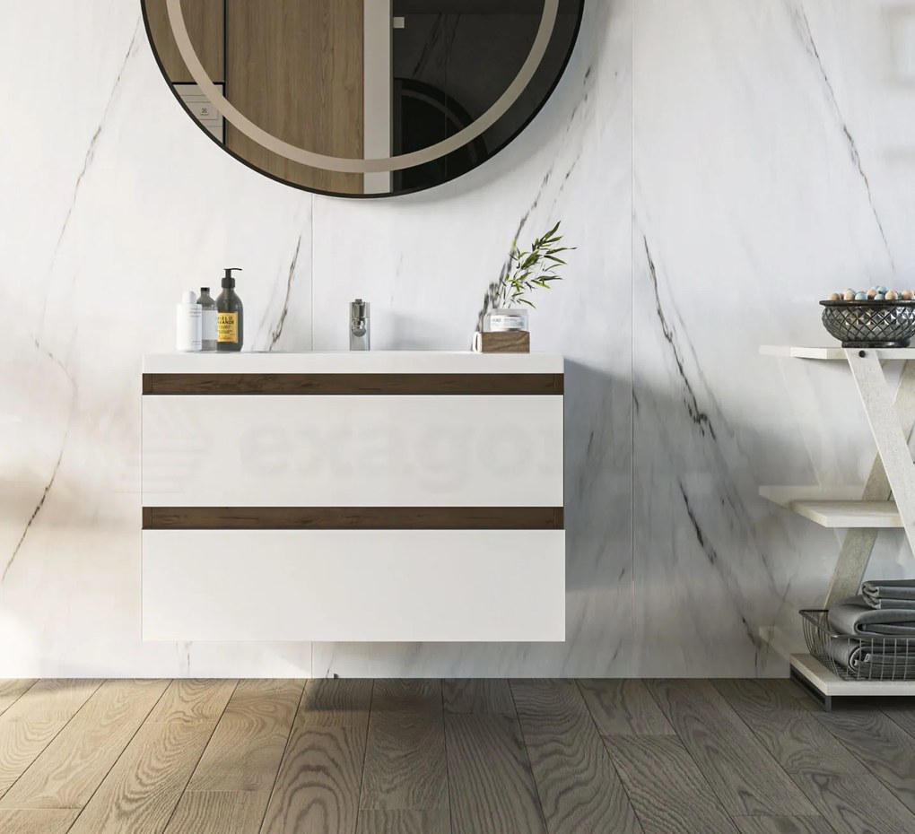 Mobile bagno wenge bianco lucido 80x46 Milo a due cassetti con lavabo ad incasso