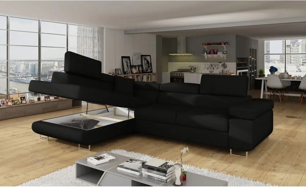 Divano angolare nero allungabile/con contenitore (con penisola a sinistra/a L) Anton – ELTAP